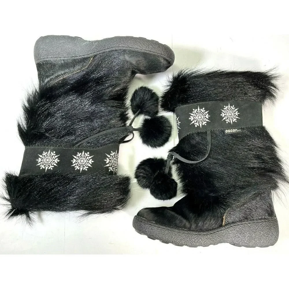 Oscar Sport Boots Black Apres‎ Goat Hair Pom Pom Embroidery Snow Bunny